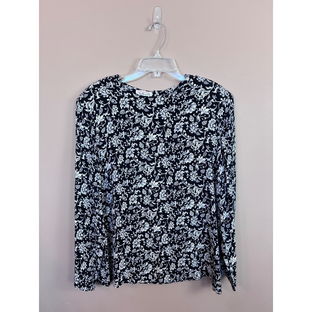 Talbots Womens Black White Floral Vine Rayon Long Sleeve Blouseβ Size 12